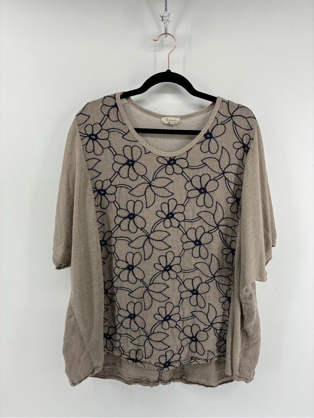 Bellambia 100% Linen Floral Embroidered Taupe Women's Top
